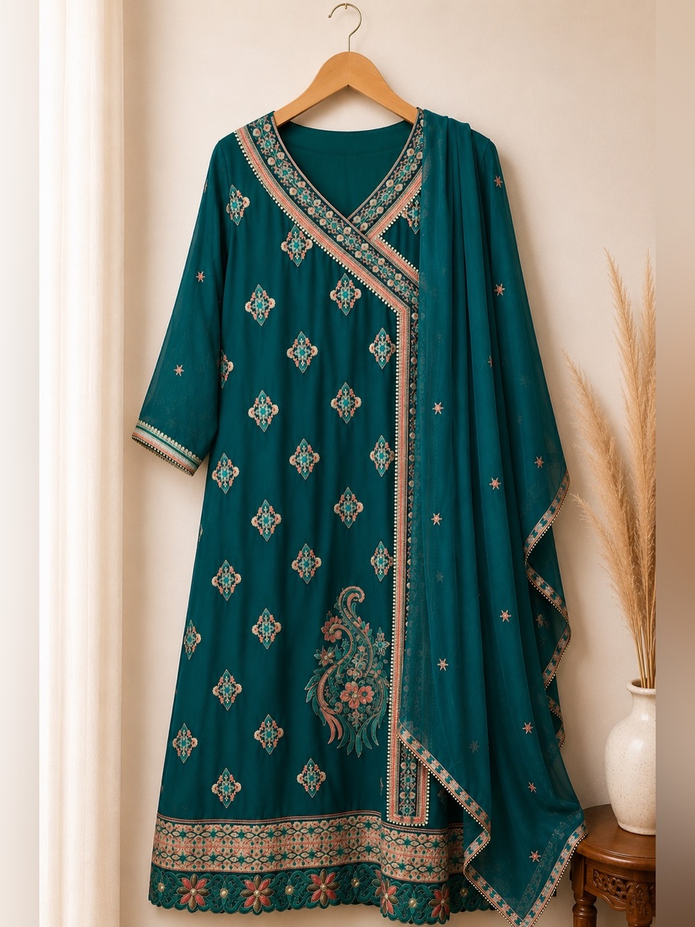 Teal Embroidered Pakistani Indian Salwar Kameez 3 Piece Set